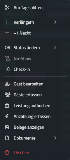 Kontextmenü – Reservierung
